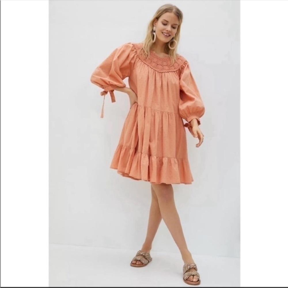 Anthropologie Forever That Girl Wren Crochet Tiered Mini Dress Pale Orange